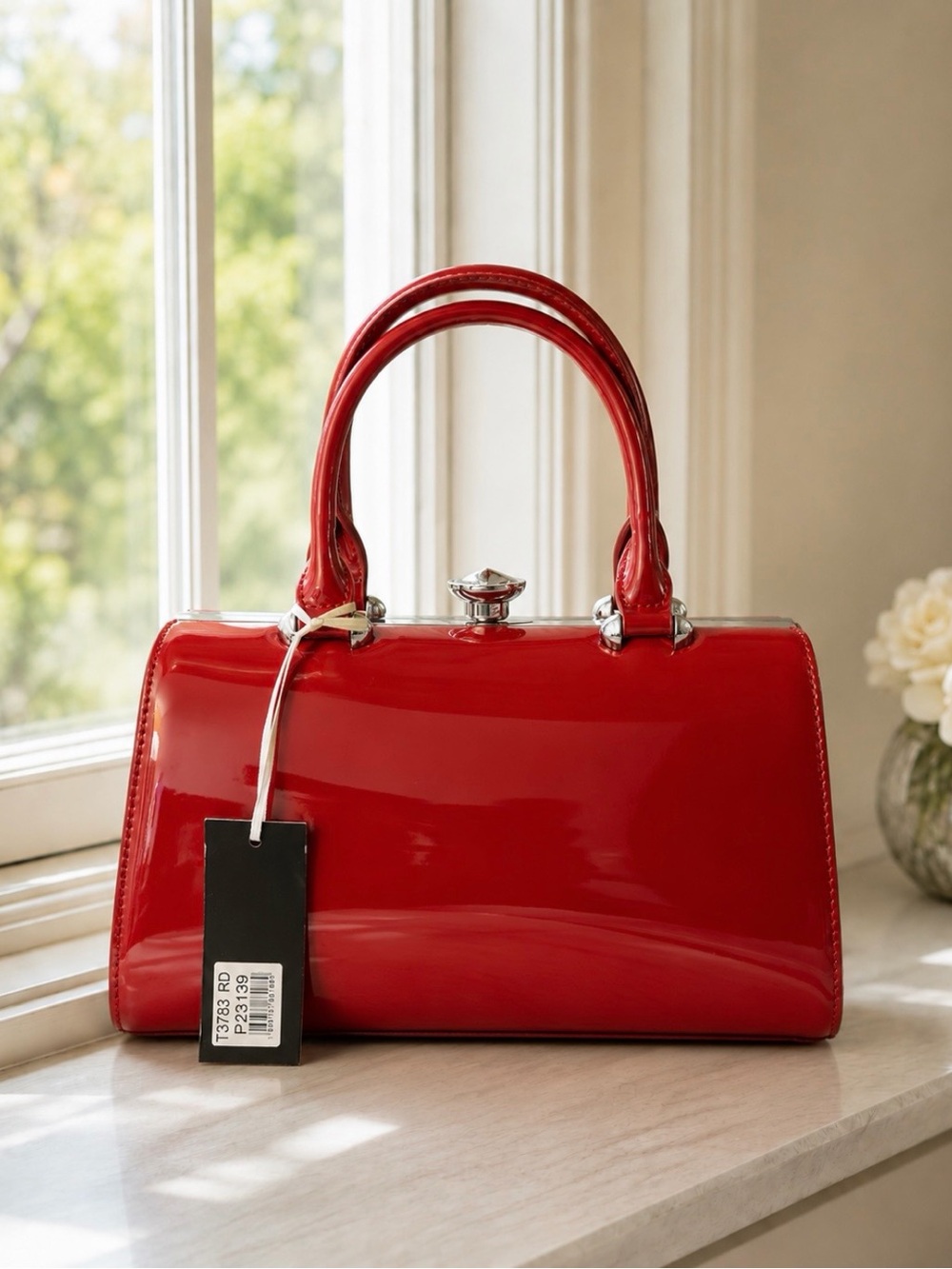 Glossy Red Patent Satchel Handbag with Crystal Clasp & Crossbody Strap